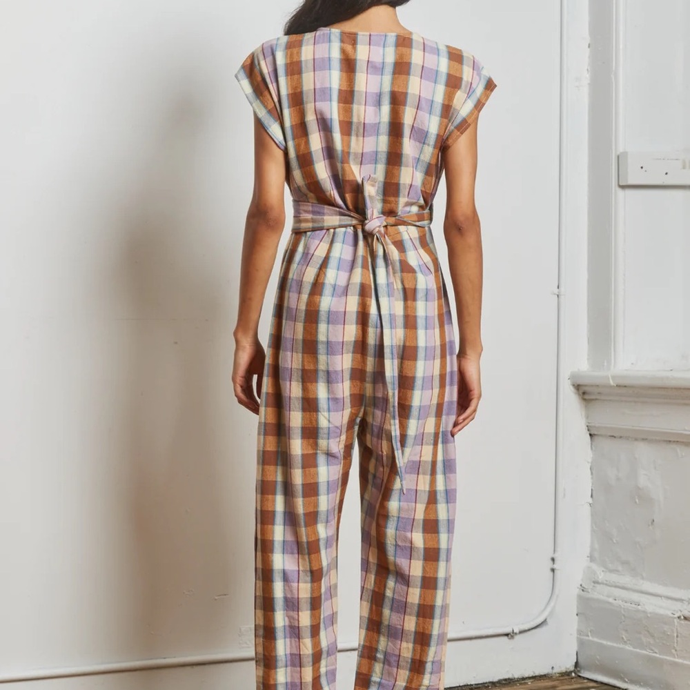 Plaid V-Neck Jumpsuit in Brown & Lavender - Picture 5 of 8
